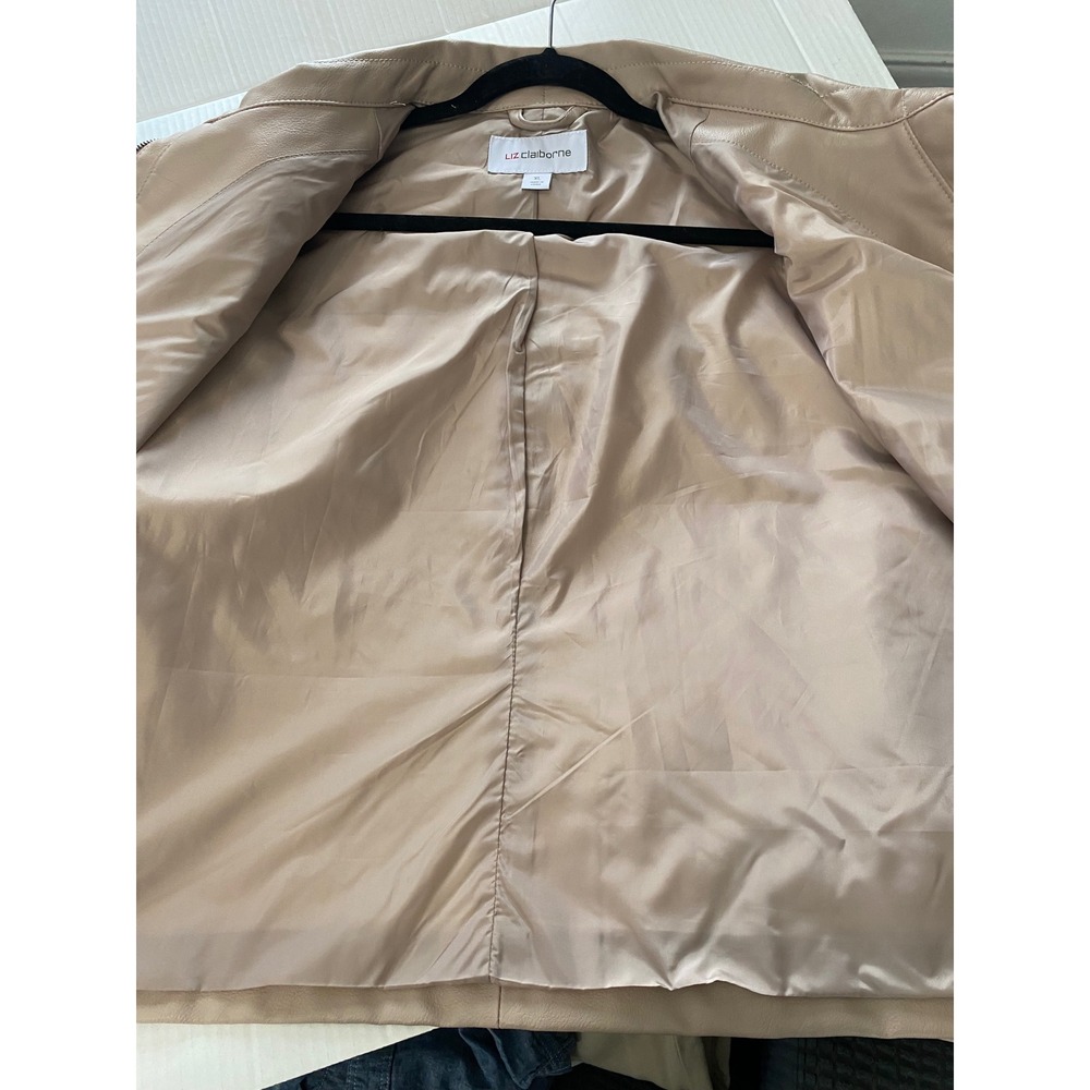 Liz Claiborne Faux Leather Jacket Women XL Tan Beige Zip Front Utility Coat - Picture 14 of 15